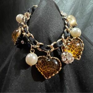 Betsey Johnson Gold and Black Heart Charm Bracelet with Spherical Beads